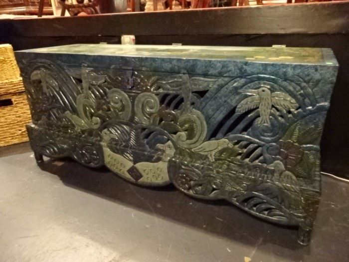 ELABORATELY CARVED AND PAINTED CHEST, SIGNED BY ARTIST