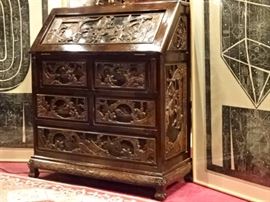 CHINESE CARVED WOOD SECRETARY DESK