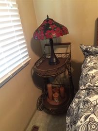  Vintage cart with stained glass lamp and candle set