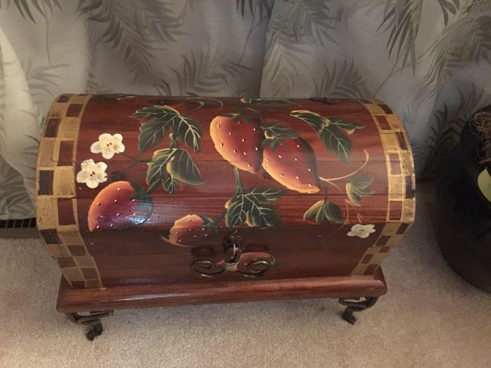 Small (about 20") hinged, handpainted treasure chest (wood with wrought iron)