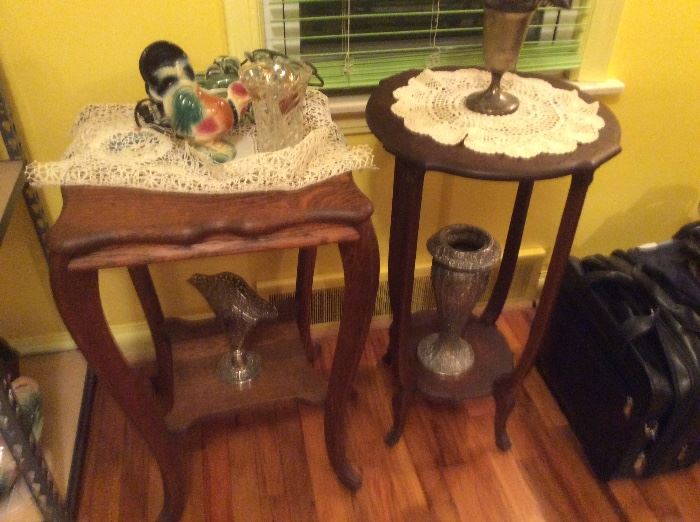 2 antique solid wood tables and sterling pieces