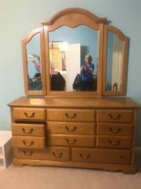 #23	medium Oak dresser 8 drawers/Mirror   64x18x35  Mirror  58x47	 $125.00 	