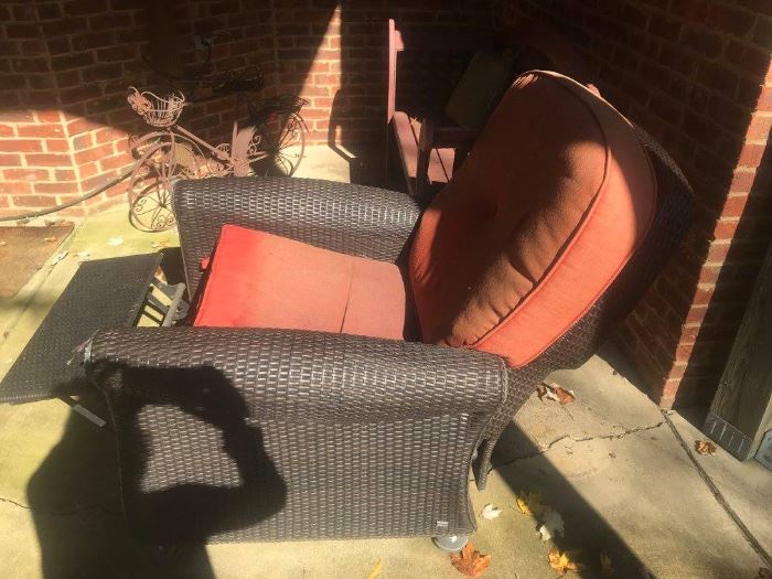 #88	(2) Plastic Wicker Arm Recliner Chairs w/cushions outside 1 As is $40 $75 other	
