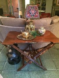 Another server with cross leg base; impressive elephant lamp and hand-painted shade