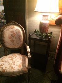 One of two square 2-tier side tables; one of two matching lamps; antique parlor chair