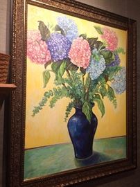 Large hydrangea framed oil painting