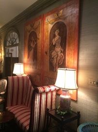 One of two square side tables and matching lamps