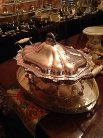 Gorgeous lidded server; large oval silver-plate tray