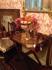 One of several servers; brass tray and compote