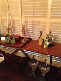 Pair of brass candelabras; Asian figurines