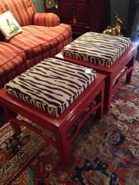 Matching zebra fabric upholstered benches