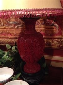 Cinnabar lamp with fringed shade