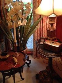 Accent tables; Asian decor; large orchid arrangement