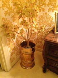 Brass planter with artifical orchids