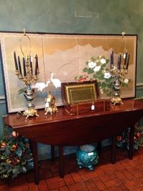 Impressive drop-leaf table, Asian screen, and Italian style lamps/candelabras