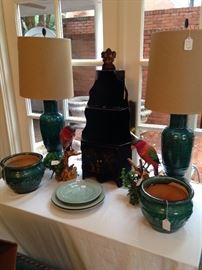 Coordinating lamps, birds, and planters