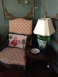 Lovely upholstered chair; side table and planter-style lamp