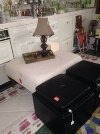 Large white ottoman; matching black cube stools
