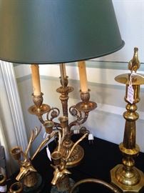 Three light brass lamp with hunter green shade
