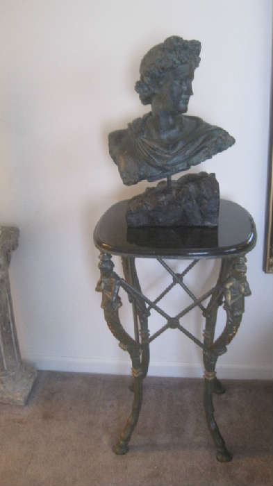 Marble top/ ornate iron table with sculpture bust 