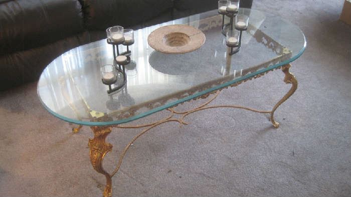 Oval gold wrought iron glass top coffee table