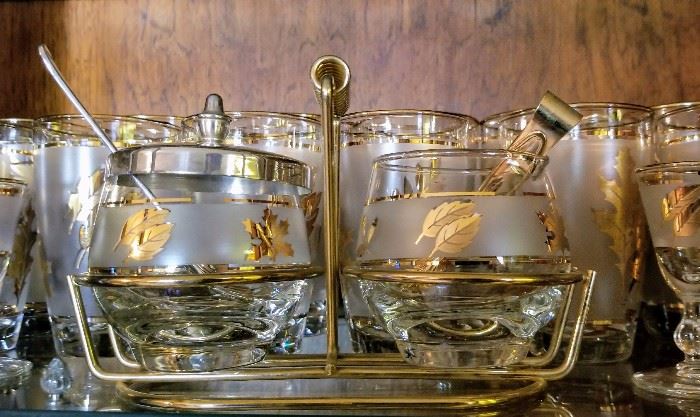 Libbey gold leaf frosted glass sugar and creamer set with caddy