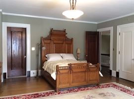 Victorian golden oak and burl walnut  tall bed & dresser