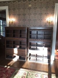 Pair of antique oak storage cabinets with roll lift doors (unfinshed on the sides)