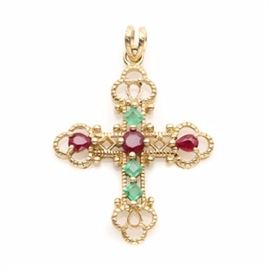 10K Yellow Gold Emerald and Ruby Cross Pendant: A 10K yellow gold emerald and ruby cross pendant. This pendant features a openwork cross motif, which is embellished with a combination of three square stepped emeralds, two pear faceted rubies and one round faceted ruby.