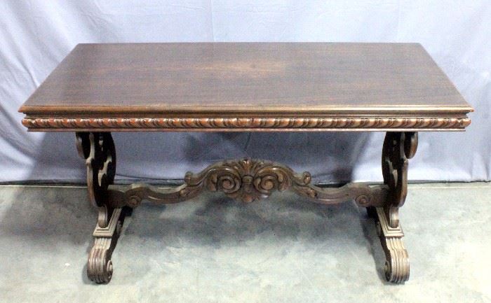 Carved Library Table with Ornate Base, 54"W x 30"H x 24"D