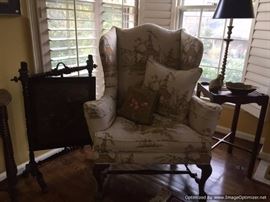 Down filled wingback 1 of pair, antique heat deflector