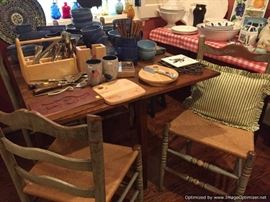Antique drop leaf table, 4 rush weave chairs, Dansk pottery and coordinating flatware