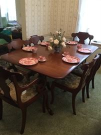 John M Smyth mahogany dining table and chairs. Enoch Woods china.