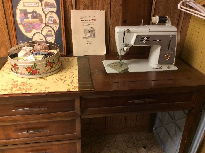 Sewing machine, chair, and cabinet