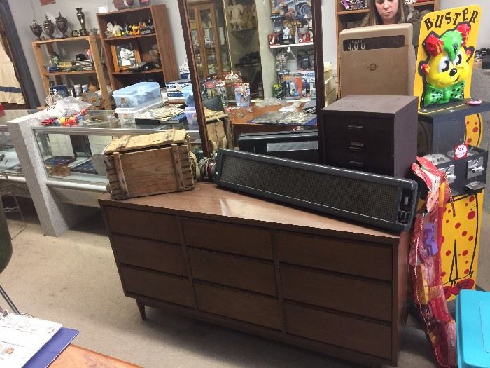 Mid Century Modernist Dresser, Gumball Machine, Scrolling Computerized Advertising Sign, Military Items, National Cash Register