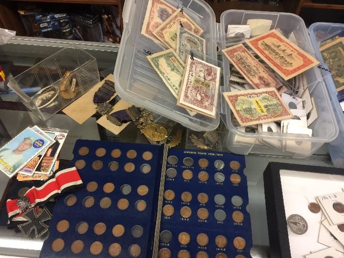 Paper Money, Coins, Coin Books, Baseball Cards, Military Medals