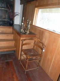 corner chair, assortment brass candlesticks