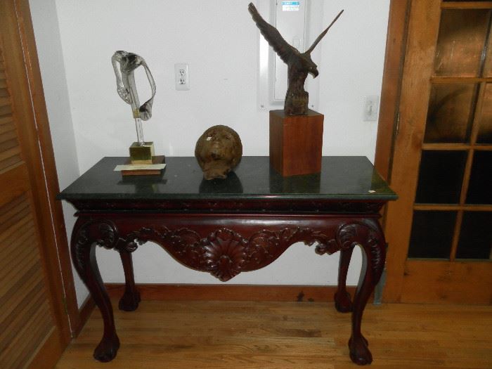 Marble top foyer table, glass sculpture by Paul Gonzalez
