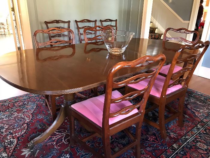 Double pedestal dining room table with 3 leaves