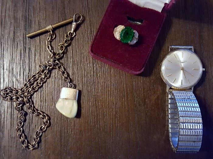 Gold Elk tooth watch fob, 10K Emerald ring, 14K Non-working watch