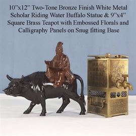 Asian Arts Sholar And Water Buffalo Statue Brass Square Teaot With Warmer Base