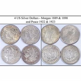 4 US Silver Dollars - Morgan 1889 & 1890, Peace 1922 & 1923