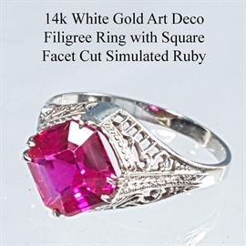 Jewelry Gold 14k White Filigree Ring Simulated Ruby Square Face Cut
