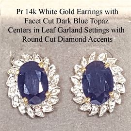 Jewelry Gold 14k White Dark Blue Topaz Center Earrings Diamond Accent Leaf Garland