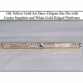 Jewelry Gold 14k Yellow Bar Pin Cemter Sapphire White Gold Ridged Platforms