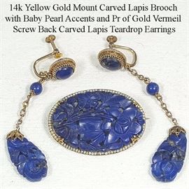 Jewelry Gold 14k Yellow Mounted Carved Lapis Brooch And Earrings