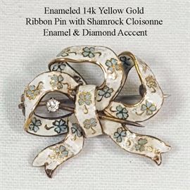 Jewelry Gold 14k Yellow Shamrock Enamel Ribbon Pin With Diamond