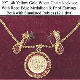 Jewelry Gold 14k Yellow Wheat Chair Necklace Rope Border Medallion Earrings With Sim Rubies