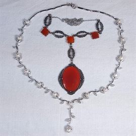 Jewelry Sterling Silver Necklaces Carnelian Art Deco Pearl And Leaf