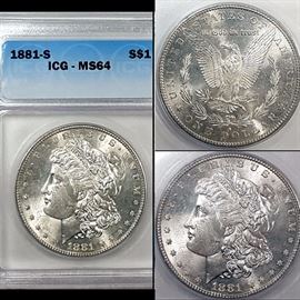 Coins MS 64 1881 S Silver Morgan Dollar ICG Graded